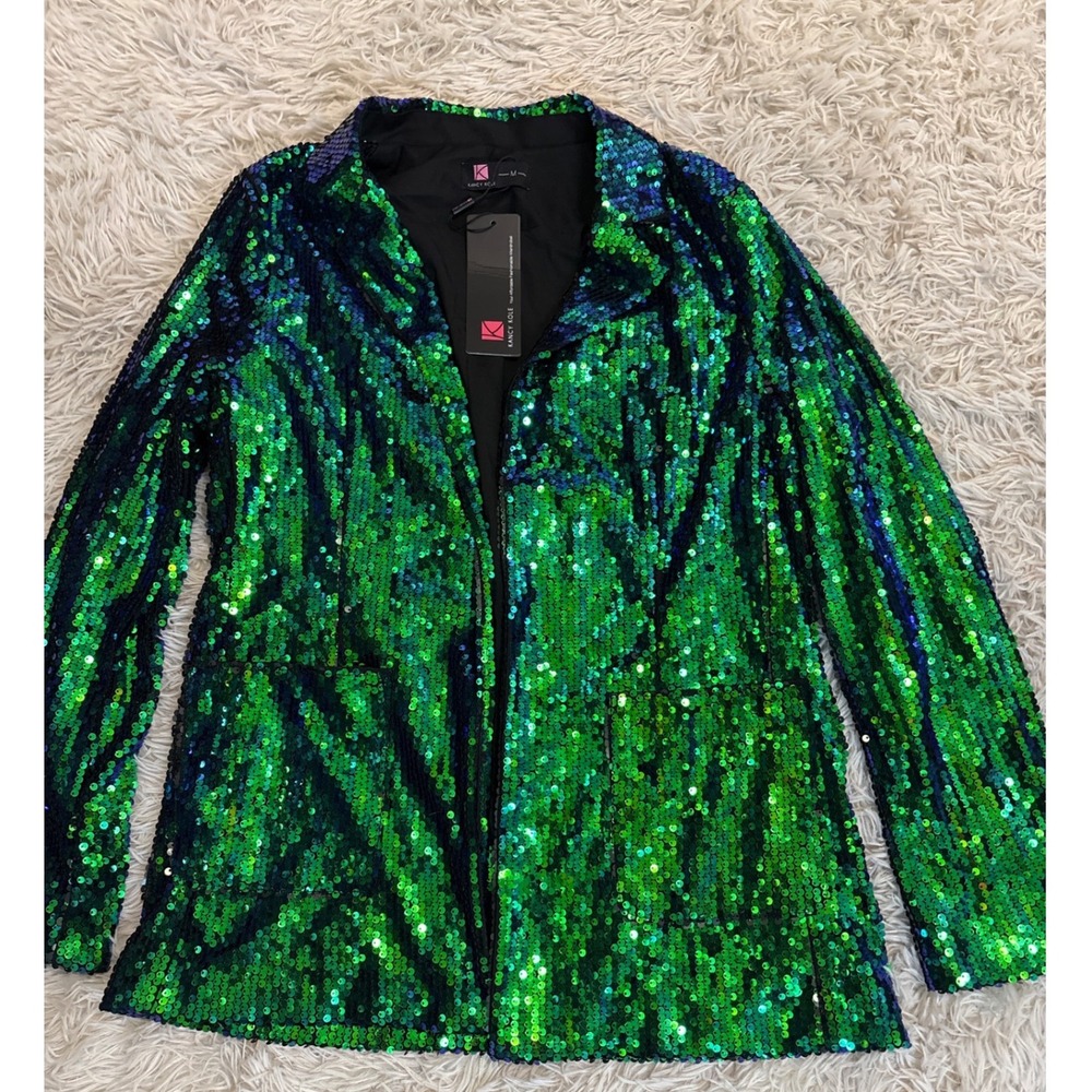 Kancy Kole‎ Women's Green Blue Sequin Blazer Jacket Open Front Medium NWT